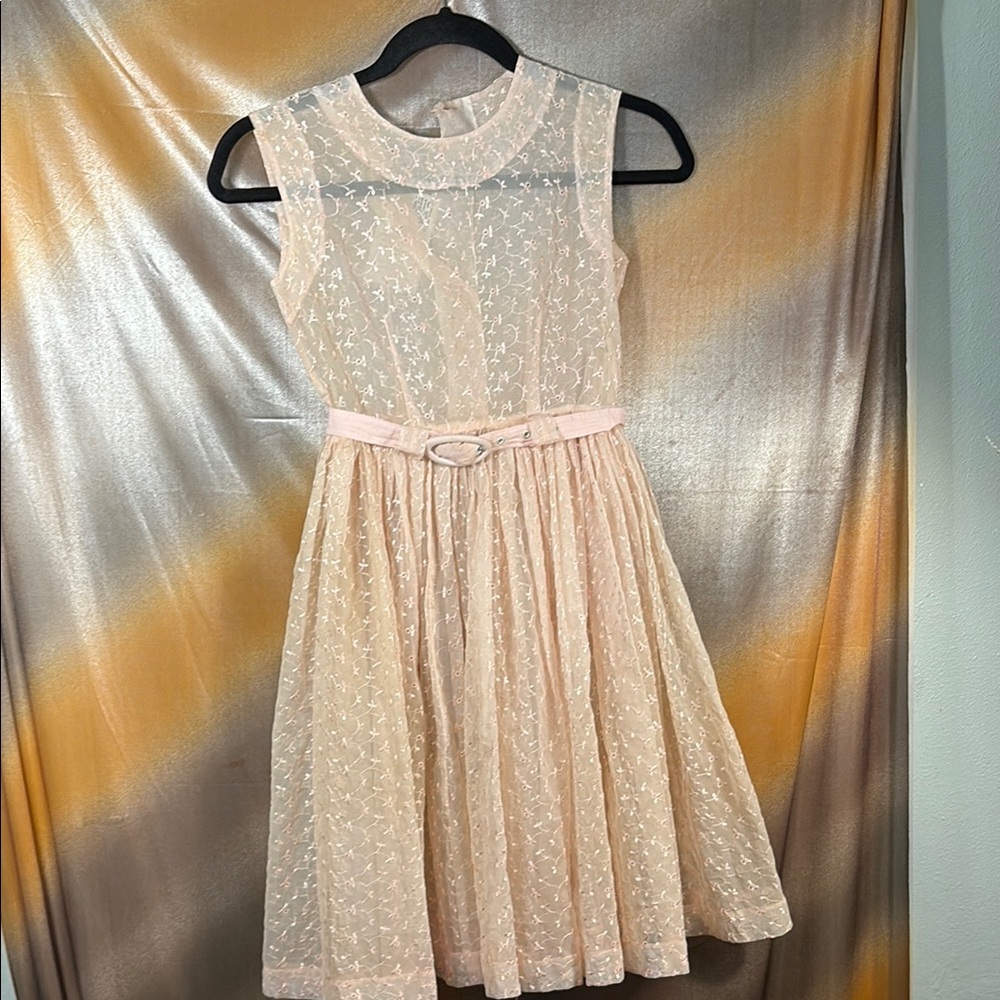 Vintage 50’s Sheer eyelet Charming pale Pink Kids Dress with belt. h1